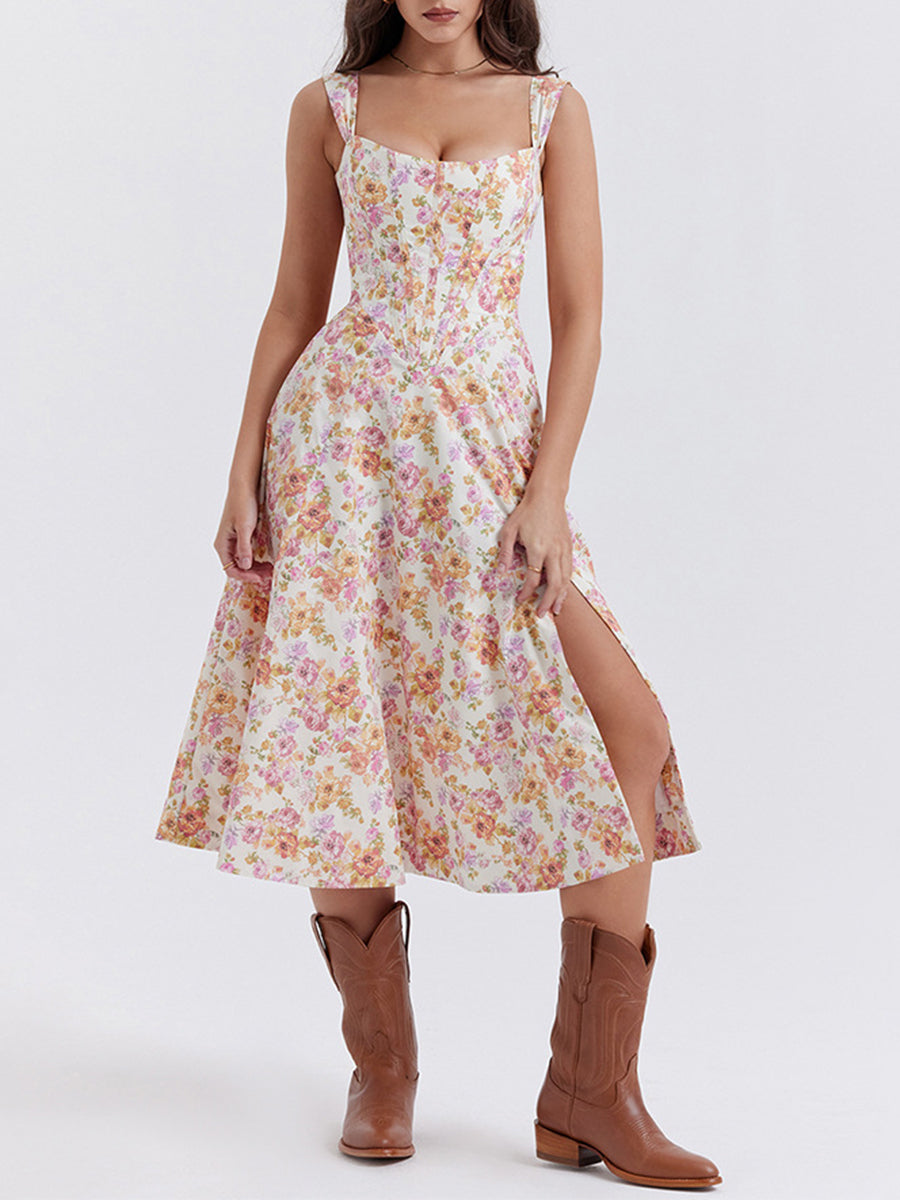 Onbely mi-longue robe trapèze imprimé à fleurie fendu le côté bustier dos nu à fines brides doux vacances tous les jours