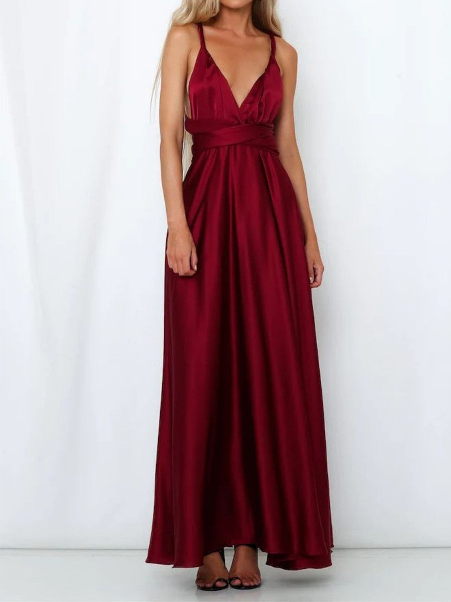 Onbely robe de soirée longue unicolore dos nu col en V licou/ras-du-cou taille élastique élégant invité mariage bal de promo