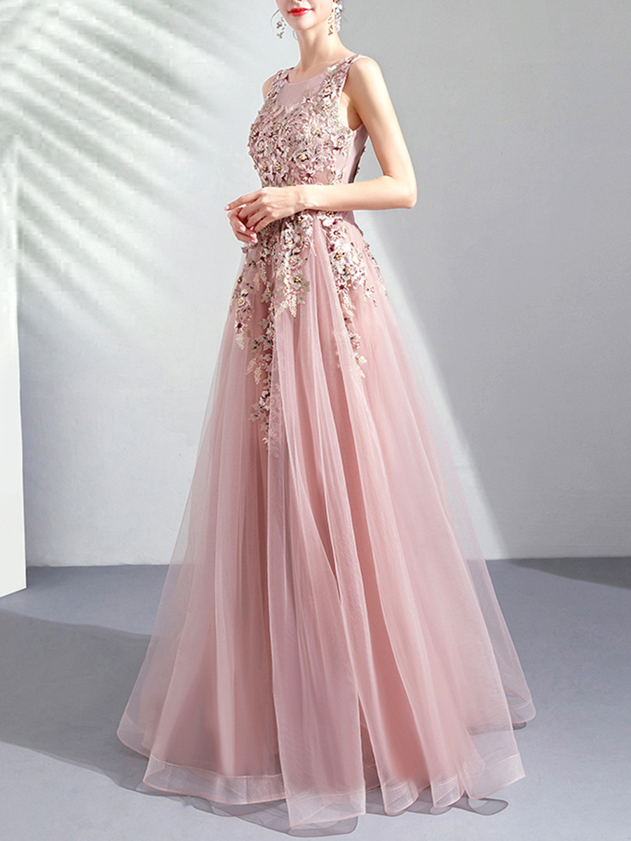 Onbely robe maxi longue de soirée brodée élégant rose - onbely