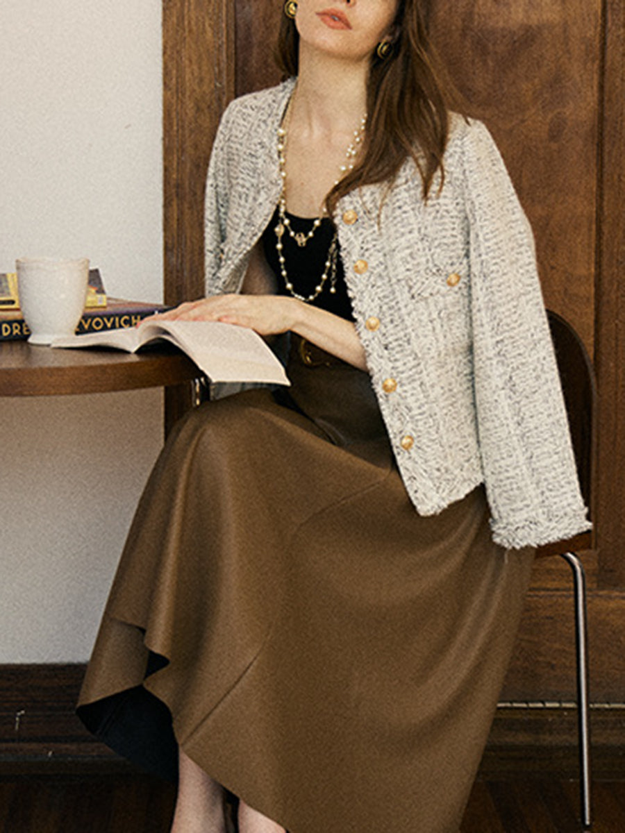 Onbely veste courte en tweed boutonnage avec poches col rond femme mode