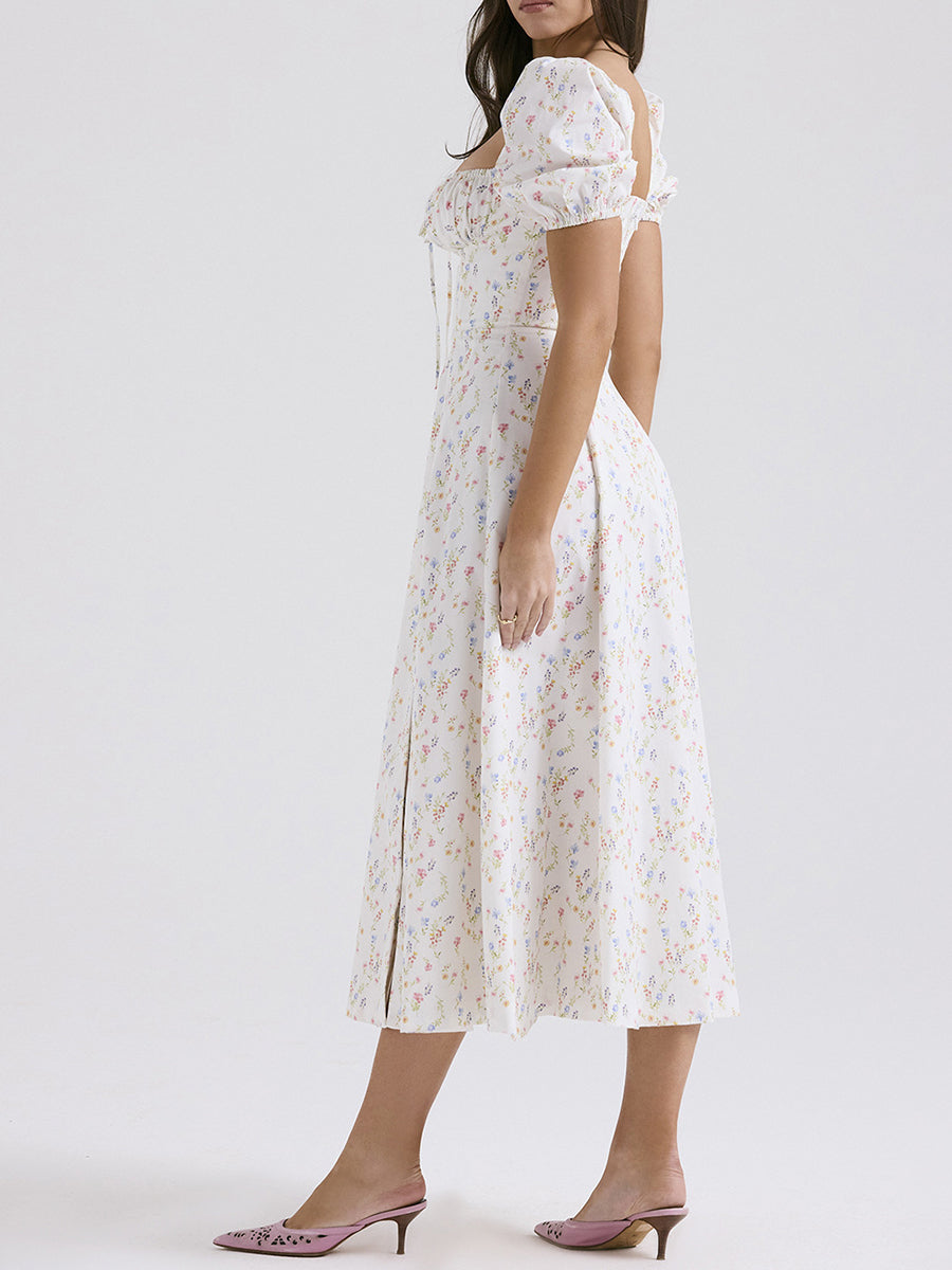 Onbely robe de soirée longue blanche à imprimé fleuri col carré et manches bouffantes pour ou mariage