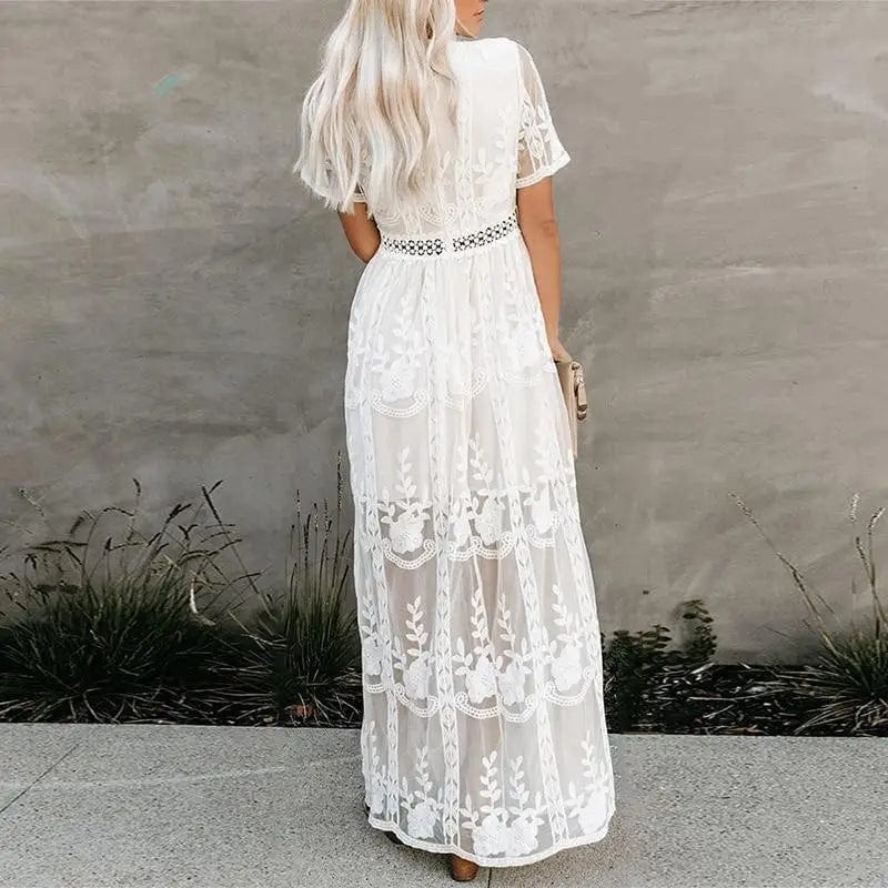Robe Maxi Bohème Blanche en Dentelle à Manches Courtes boho dress