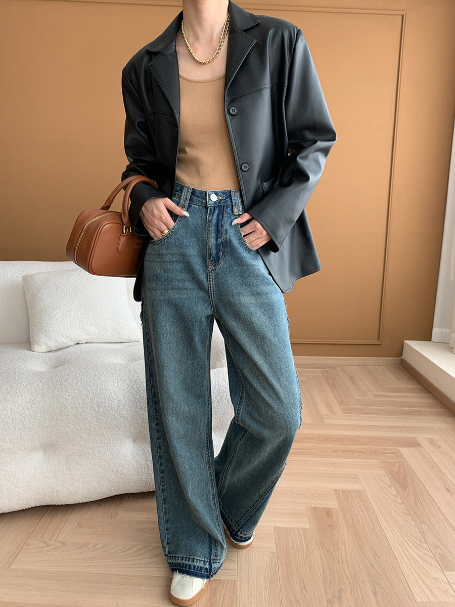 Onbely Jeans Longs Flare Évasé Vintage pour Femme avec Poches et Fermeture Éclair