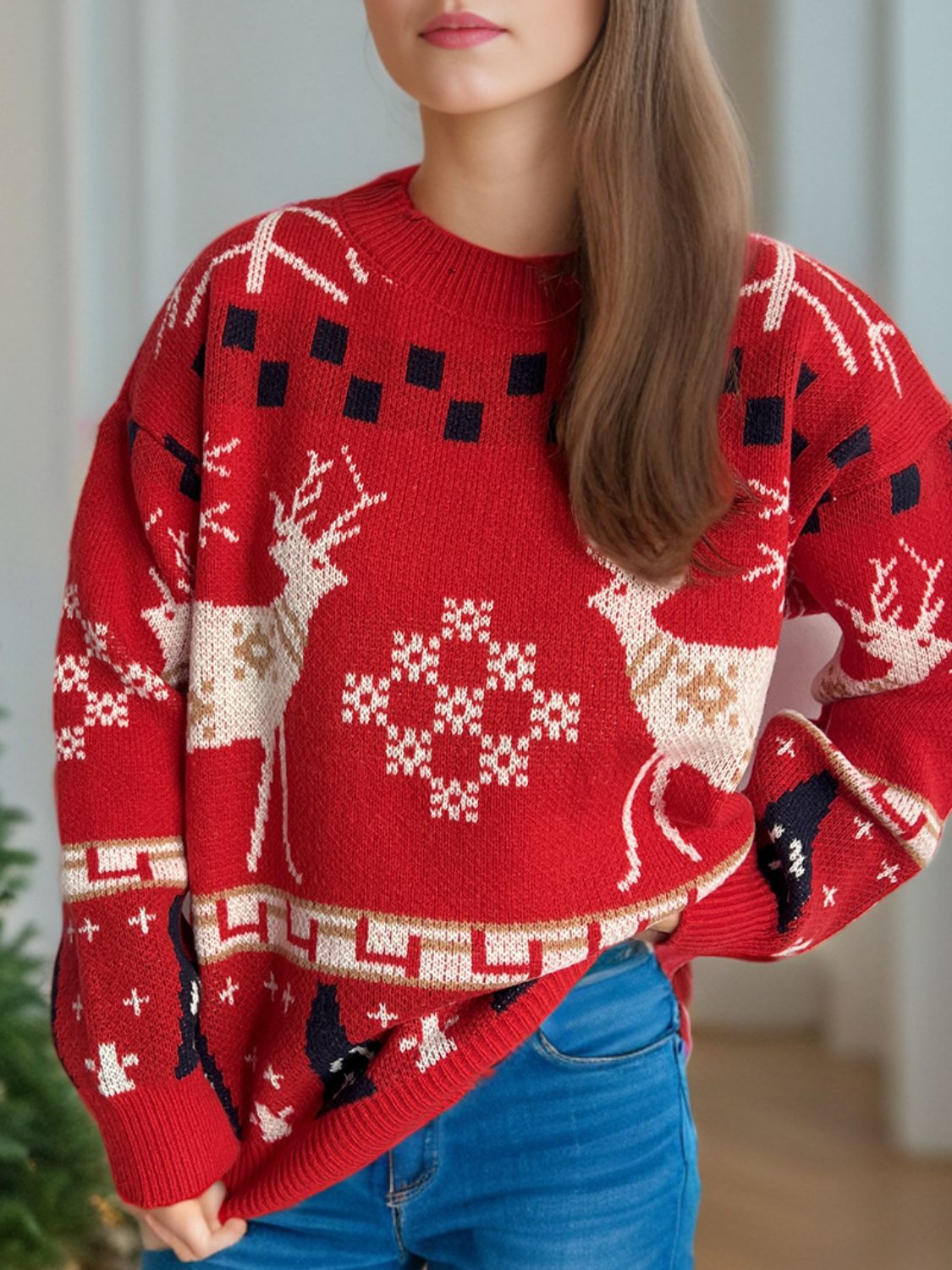 Pull de Noël à col rond et manches longues avec motif de renne