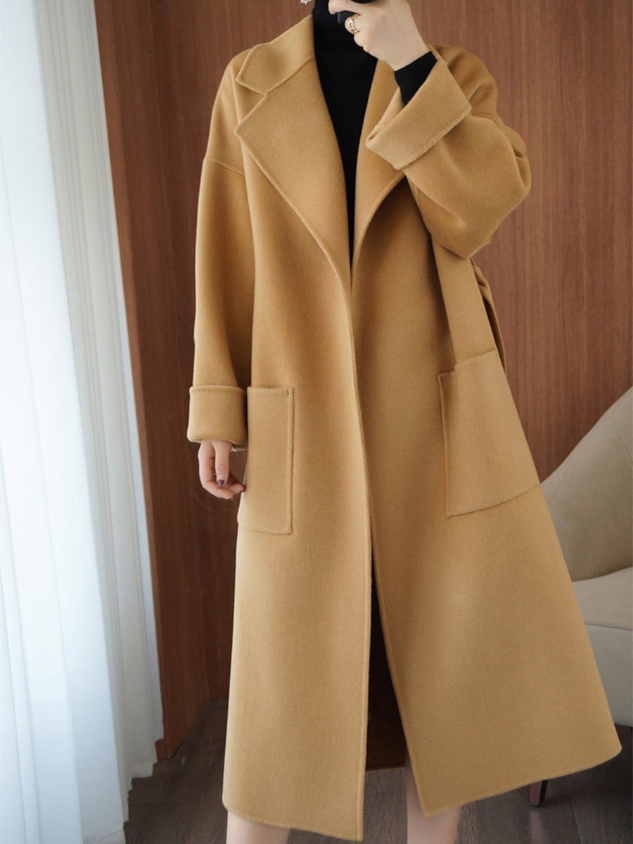 Onbely manteau en laine longue avec poches ceinture pour femme