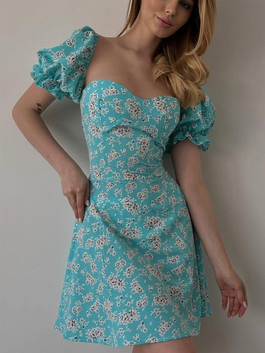 Onbely robe courte trapèze fleurs dos nu col carré manches bouffantes manches courtes taille marquée doux tous les jours vacances