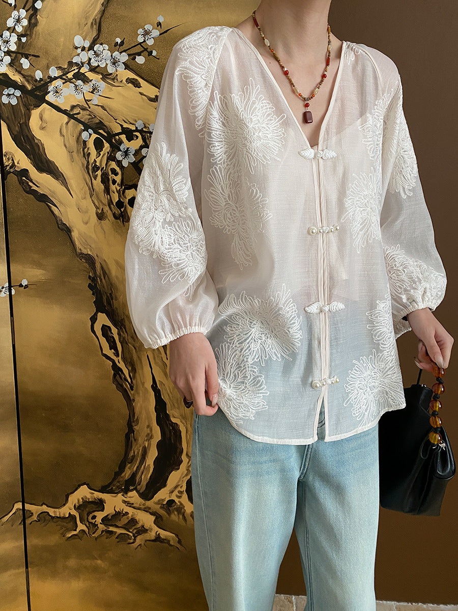 Onbely blouse 2-In-1 bouton chinois à nœud brodée