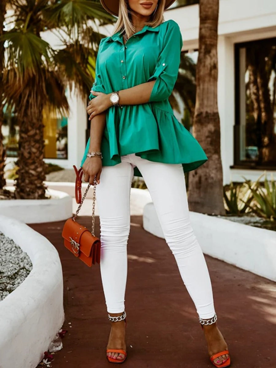 Onbely blouse à volantée boutonnage col chemise manches au coude femme élégant