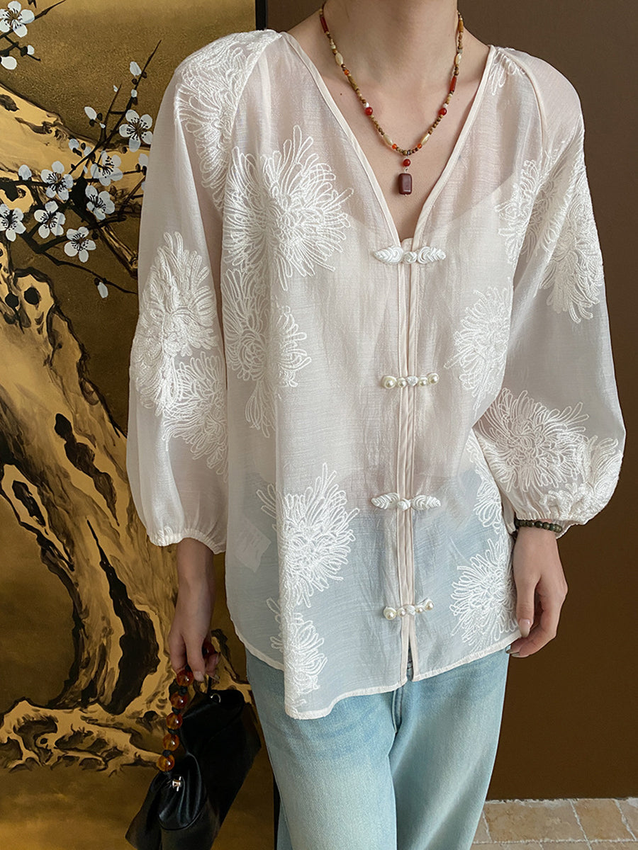 Onbely blouse 2-In-1 bouton chinois à nœud brodée