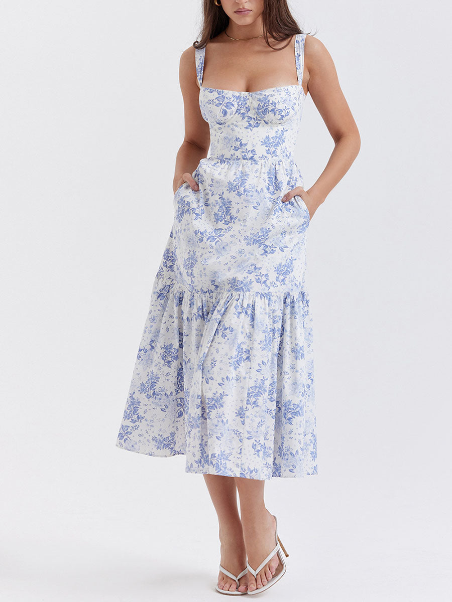 Onbely robe de soirée Mi-Longue Imprimée à Fleurs à Fines Brides pour Bal de Promo