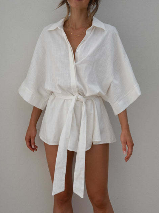 Onbely Combinaison courte avec ceinture manches au coude décontracté