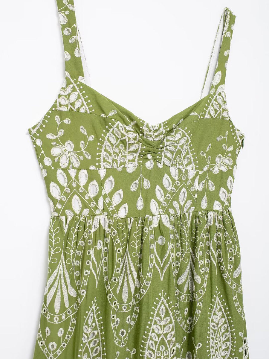 Onbely robe de soirée longue brodée motif cachemire vert sans manches à fines brides pour bal et plage