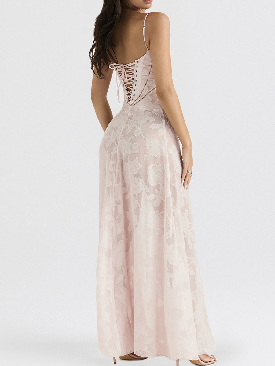 Onbely robe de soirée longue élégante à fines brides en jacquard pour un mariage femme cérémonie