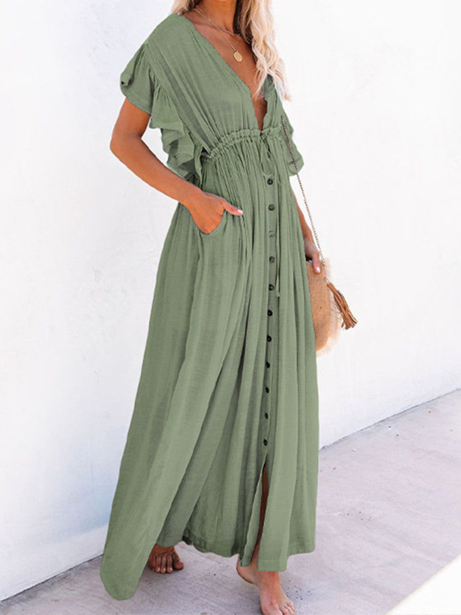 Onbely robe longue décolleté plongeant volants superposés manches courtes coulisse taille hawaienne vacances plage Protection solaire