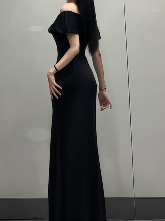 Onbely robe longue fendu col bateau élégant mode soirée noir