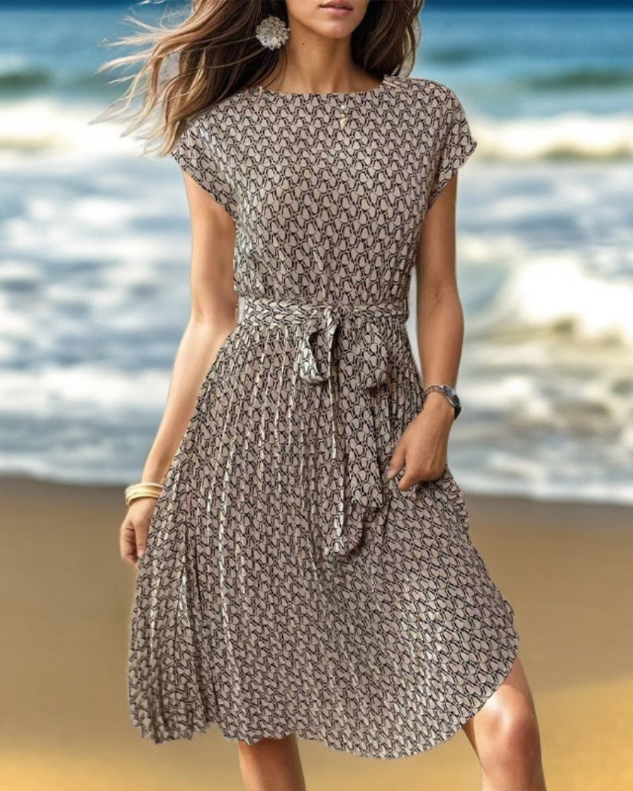 Onbely mi-longue robe trapèze imprimé à fleurie col rond manches courtes taille marquée mode vacances plage