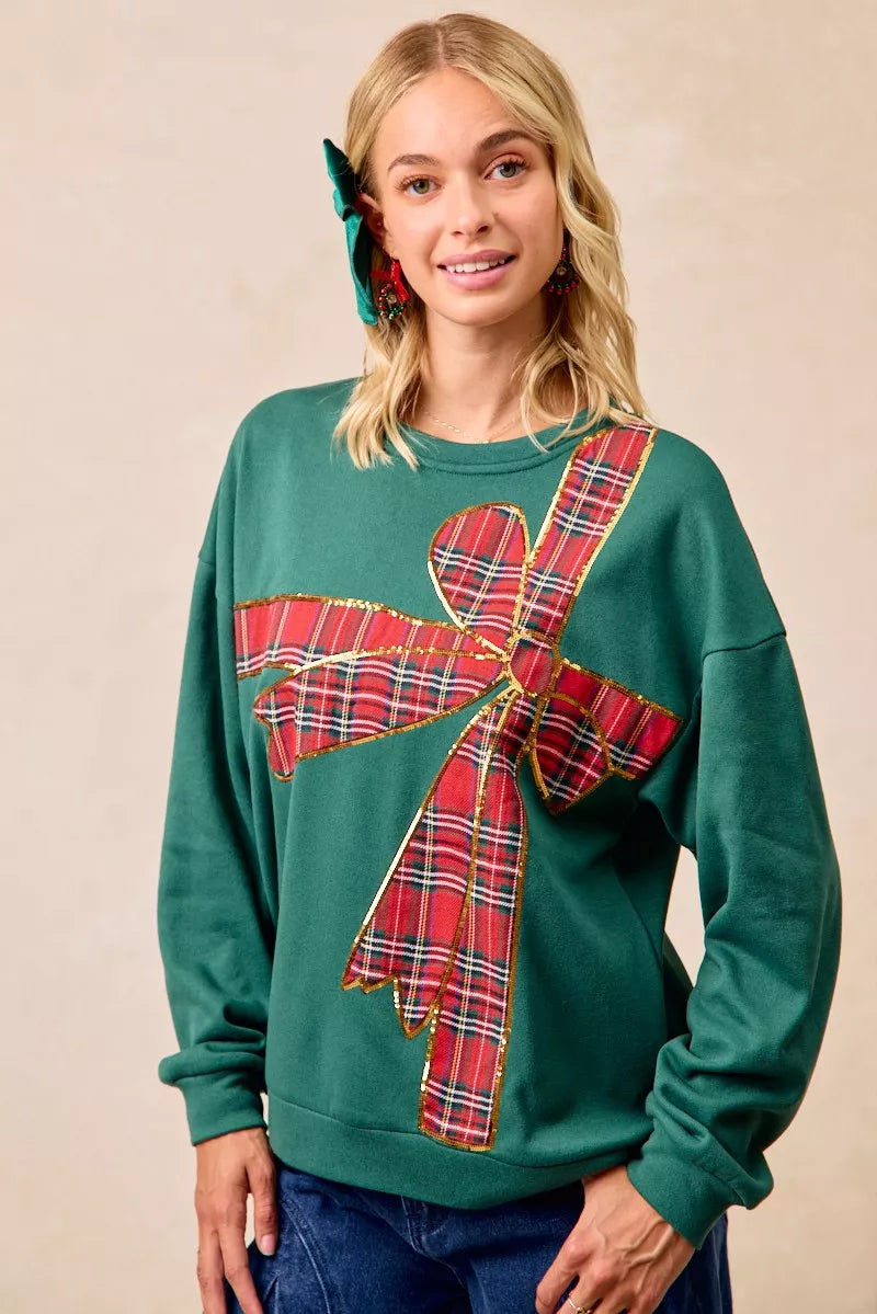 Sweat de Noël en polaire à ruban écossais et nœud décoratif
