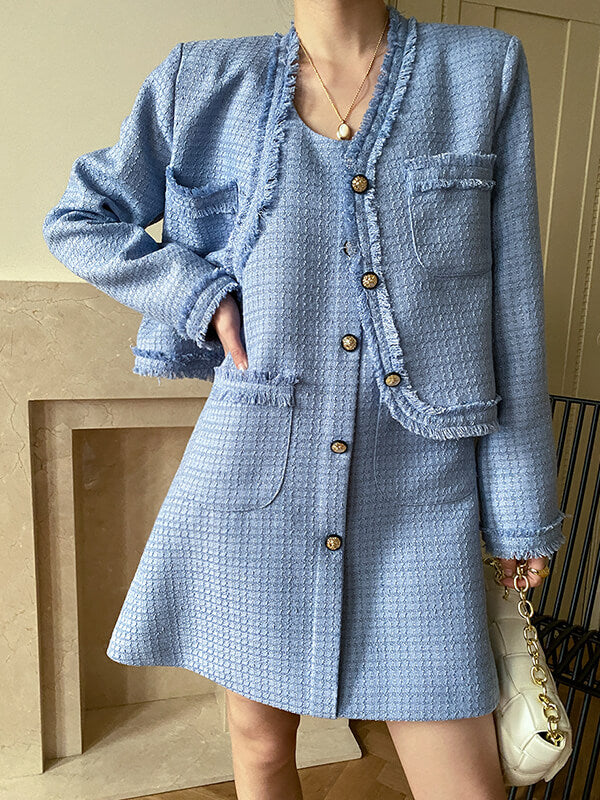 Onbely ensemble veste robe courte tweed boutonnage avec poches femme