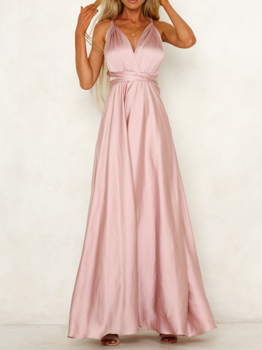 Onbely robe de soirée longue unicolore dos nu col en V licou/ras-du-cou taille élastique élégant invité mariage bal de promo