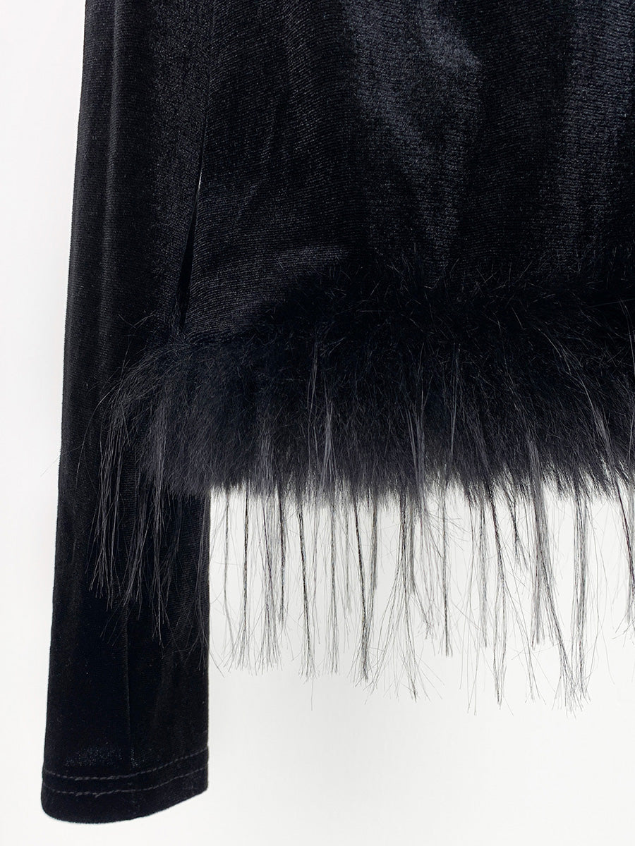 Onbely Haut Velours Noir avec Plumes et Col Rond Femme Mode à Manches Longues