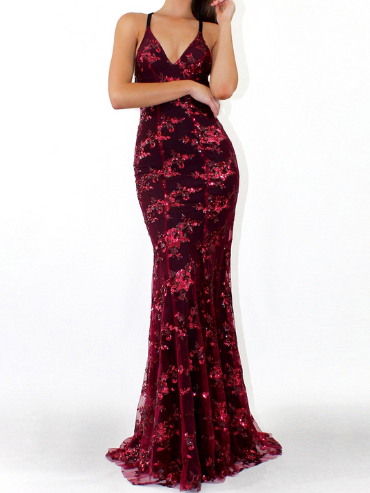 Onbely Robe maxi longue sirene brillante paillette à fines brides dos nu de soirée