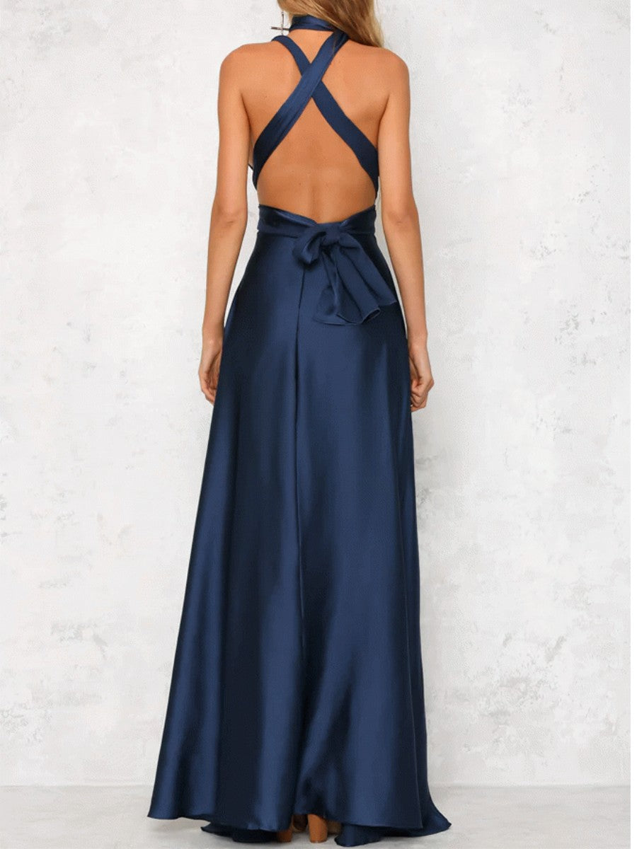 Onbely robe de soirée longue unicolore dos nu col en V licou/ras-du-cou taille élastique élégant invité mariage bal de promo