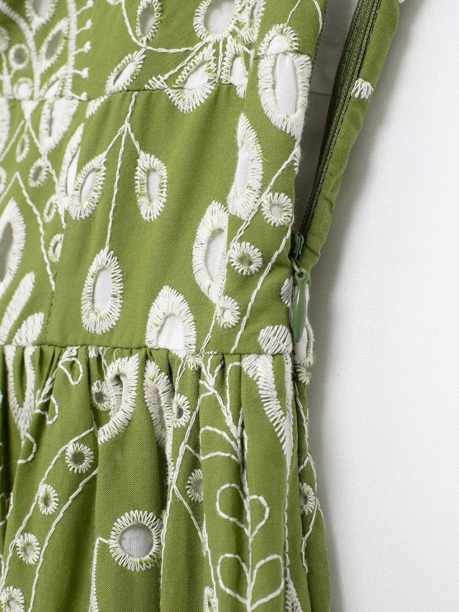 Onbely robe de soirée longue brodée motif cachemire vert sans manches à fines brides pour bal et plage