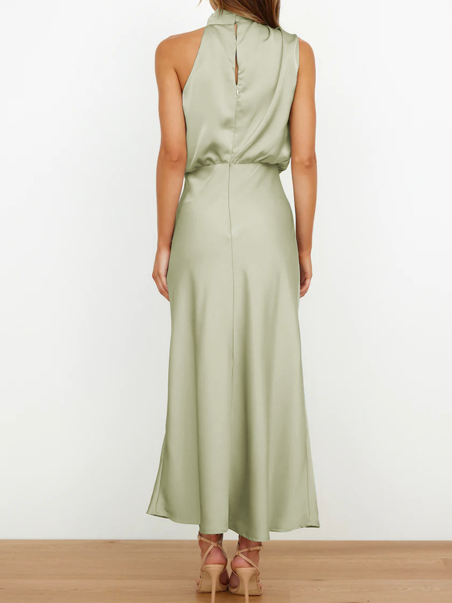 Onbely mi-longue robe unicolore satin sans manches taille haute élégant invité mariage