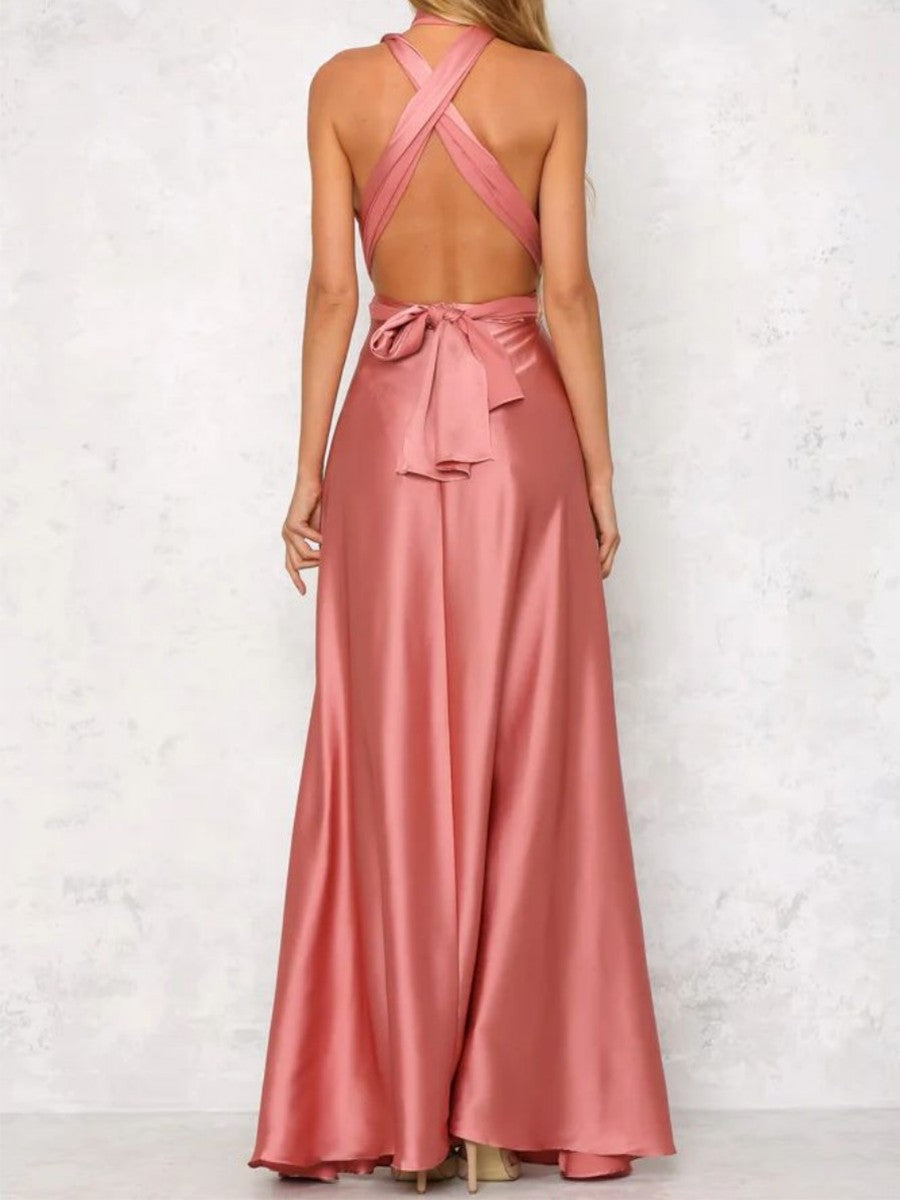 Onbely robe de soirée longue unicolore dos nu col en V licou/ras-du-cou taille élastique élégant invité mariage bal de promo