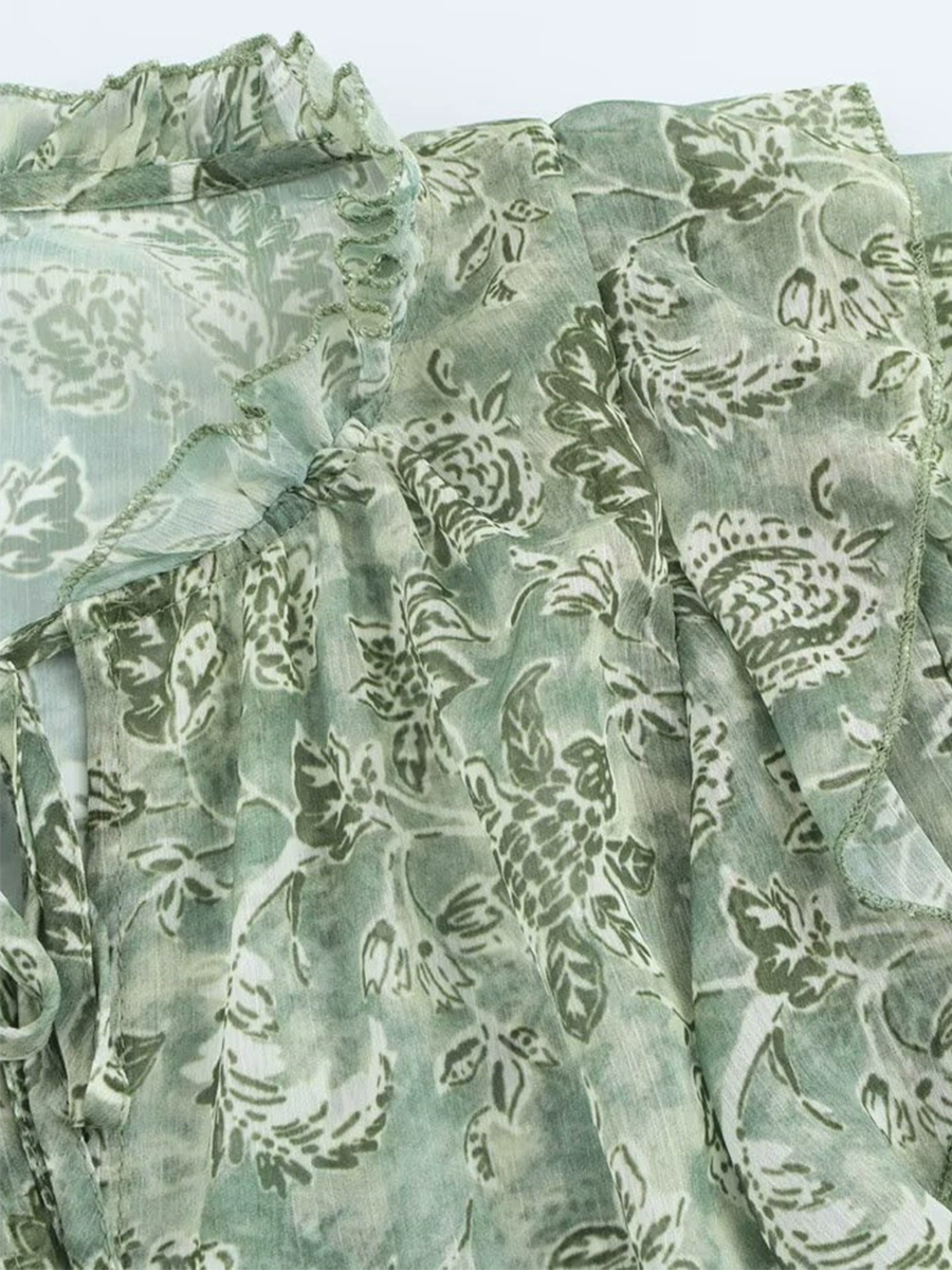 Onbely Blouse Bouffantes mousseline Imprimé Fleuri col jabot femme Vert