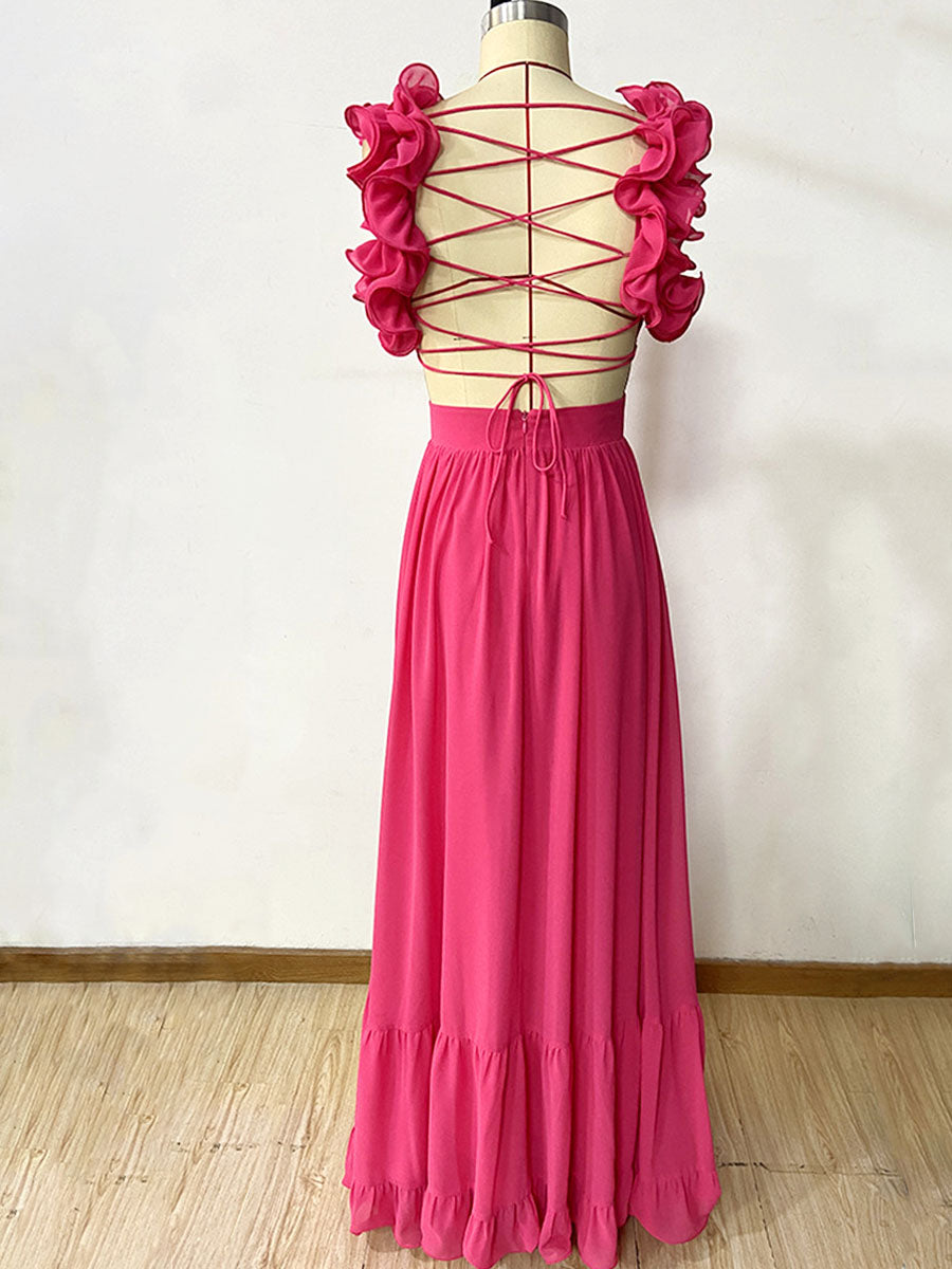 Onbely robe de soirée maxi longue en mousseline dos nu pour un bal de promo ou un mariage