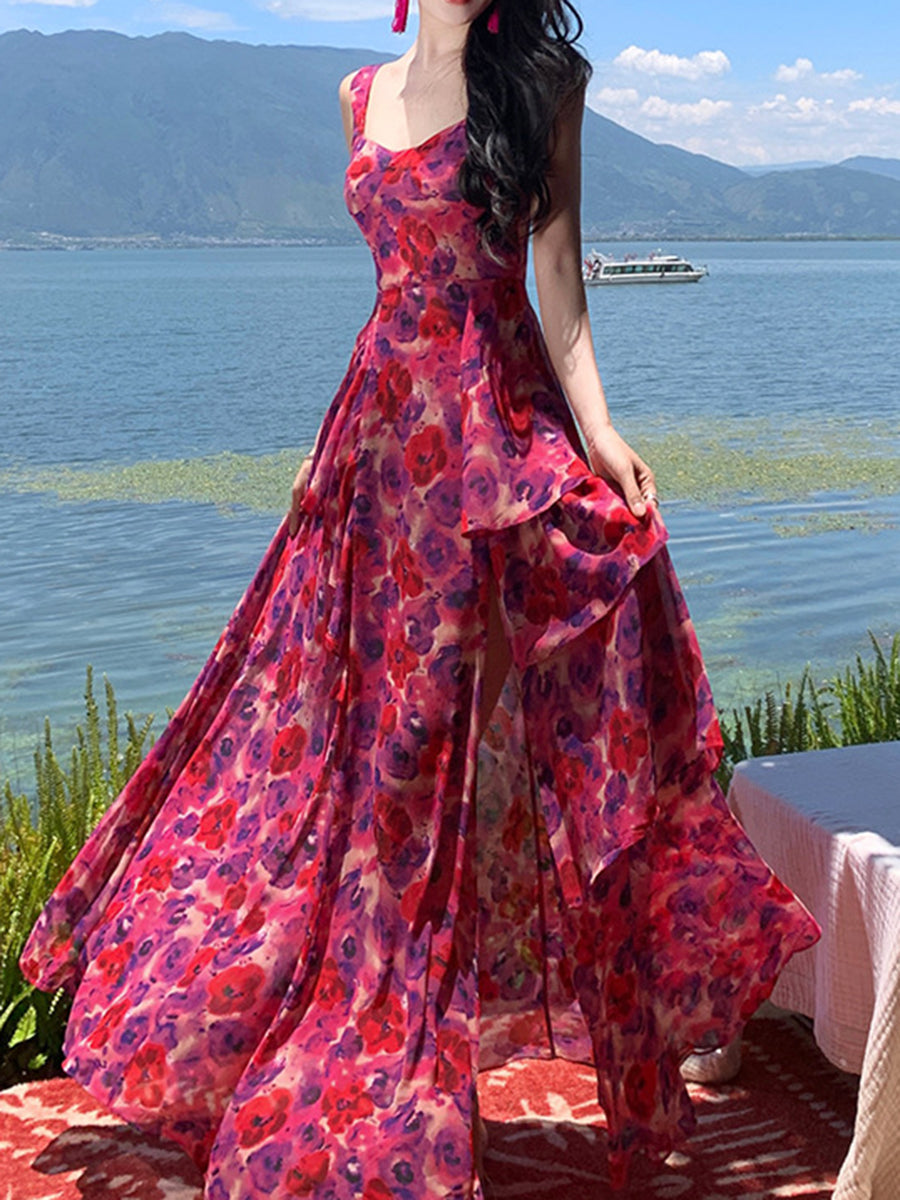Onbely robe maxi longue mousseline imprimé à fleurie fendu le côté
