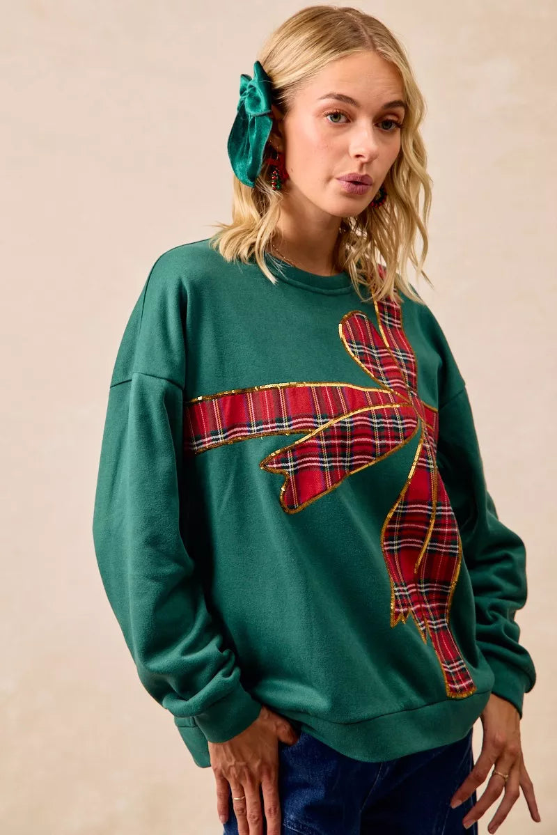 Sweat de Noël en polaire à ruban écossais et nœud décoratif