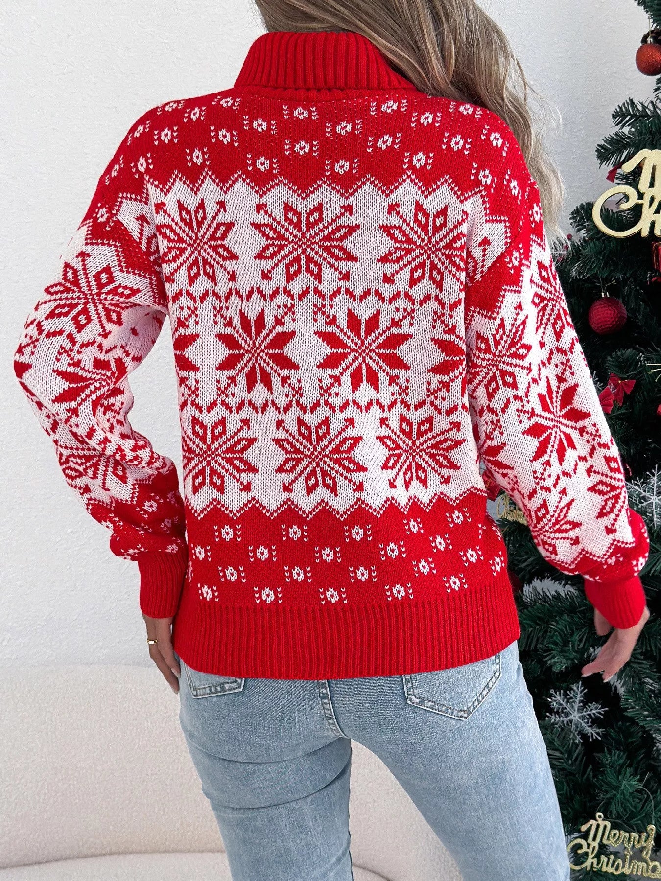 Pull de Noël à col roulé, manches longues et motif flocon de neige