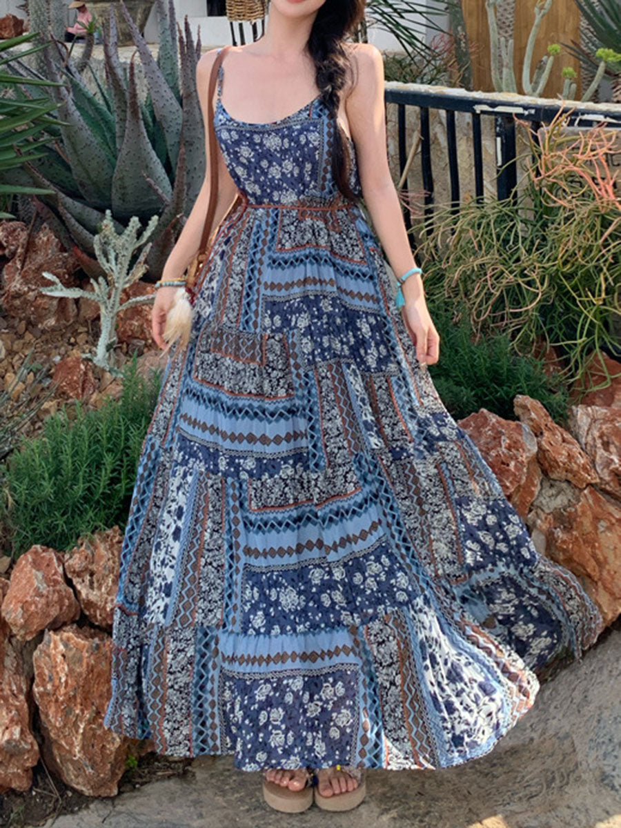 Onbely robe longue imprimé à fleurie à fines brides bohème bleu
