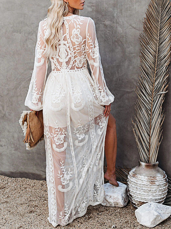 Onbely robe longue dentelle fendu le côté Col en V bohème