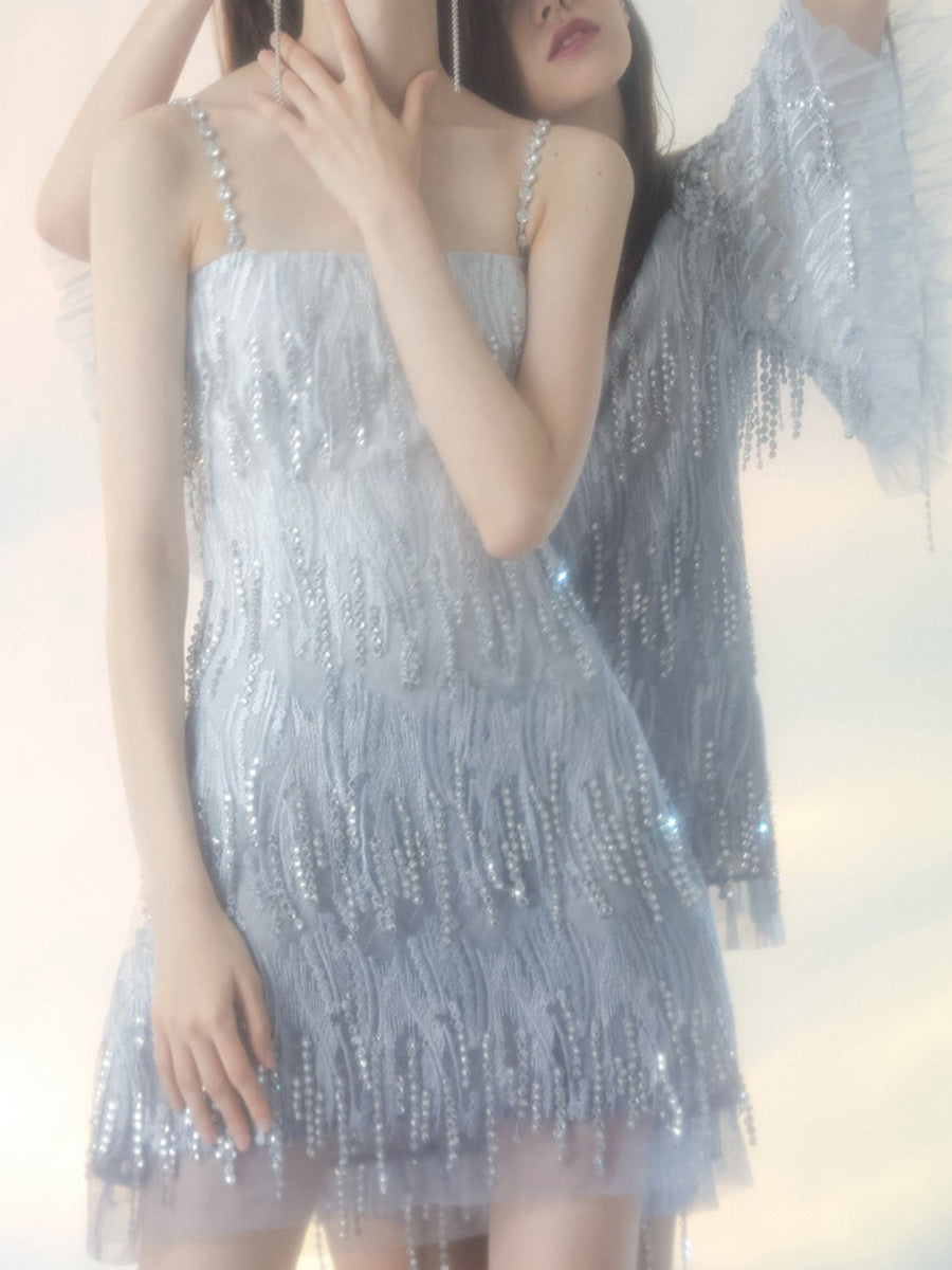 Onbely robe courte bleue à strass et franges pour cocktail