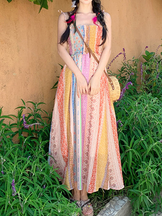 Onbely robe longue imprimé à fleurie à fines brides bohème multicolore boho dress
