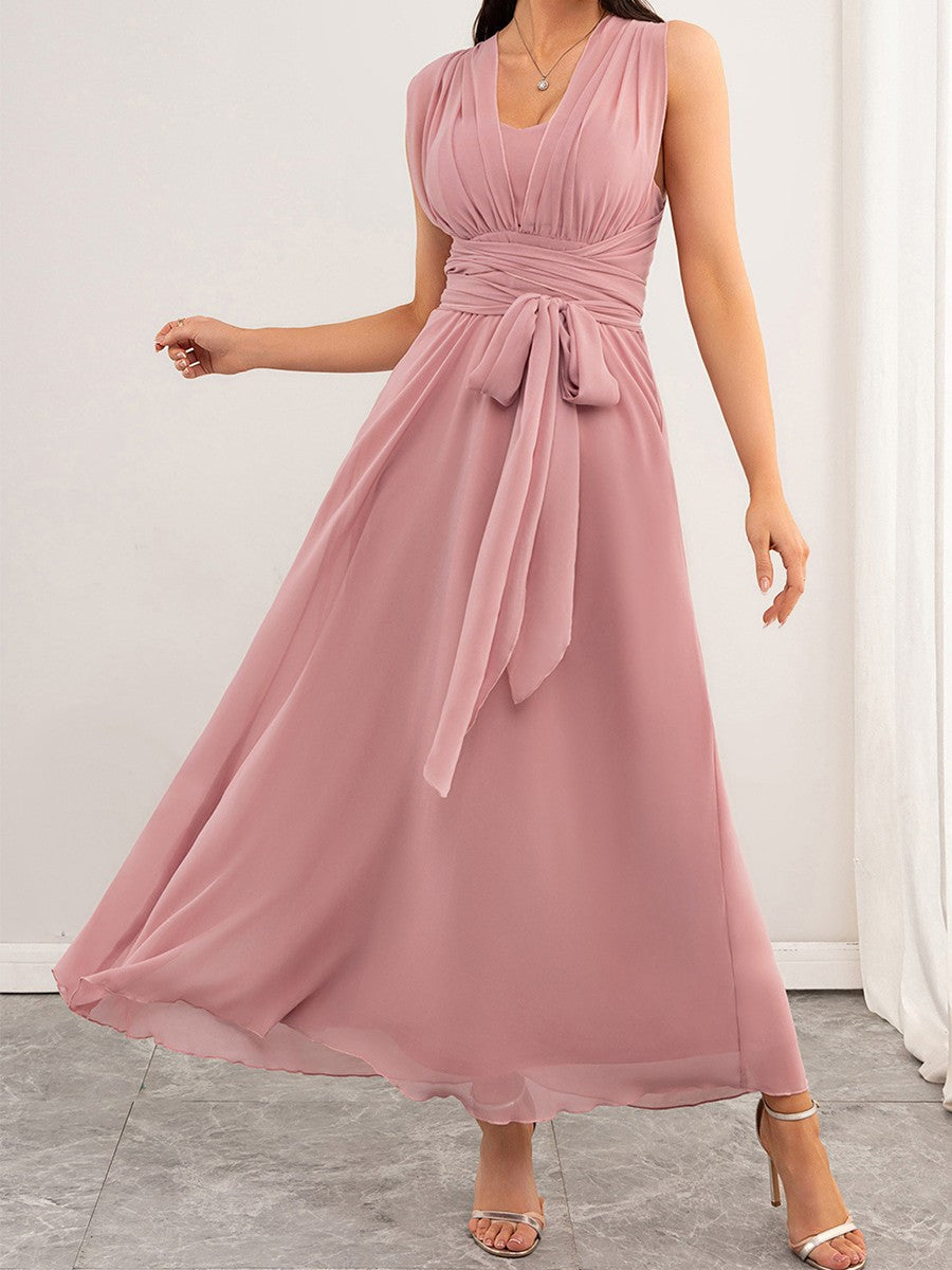 Onbely robe demoiselle d'honneur longue mousseline strappy v-col mode rose