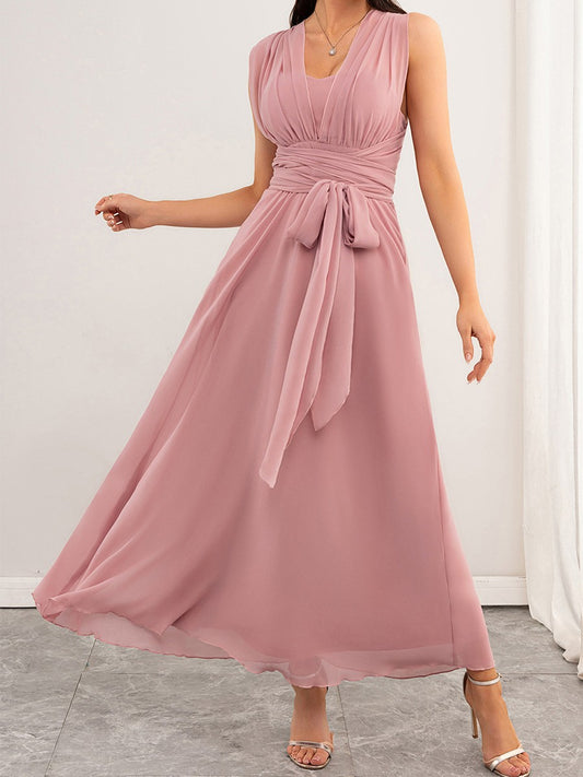 Onbely robe demoiselle d'honneur longue mousseline strappy v-col mode rose