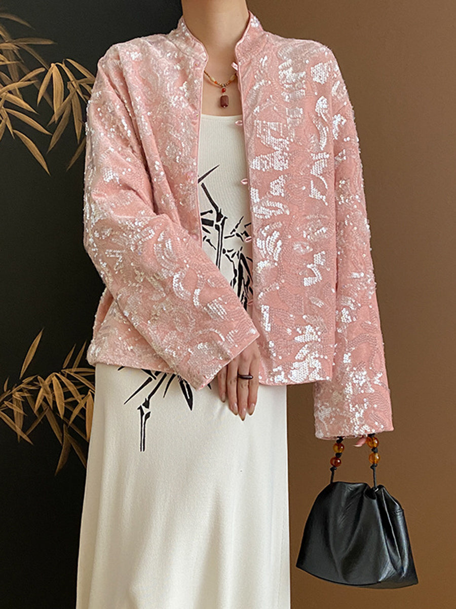 Onbely Manteau en velours rose avec col montant et manches longues en sequins scintillants