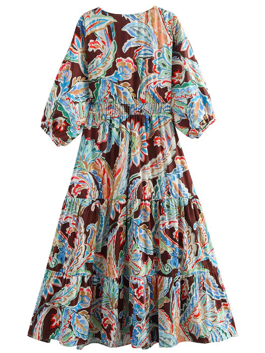 Onbely Robe Longue lâche imprimé à fleurie Col V Manches Longues Bohème boho dress