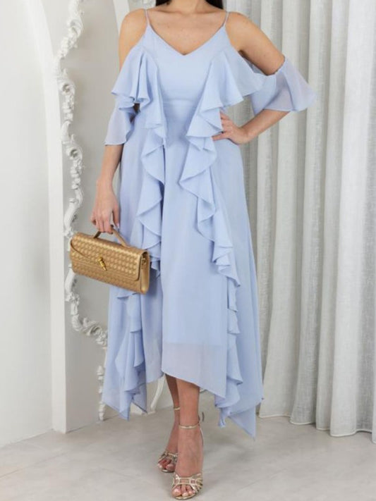 Onbely mi-longue robe irrégulière unicolore à fines brides col en V mode