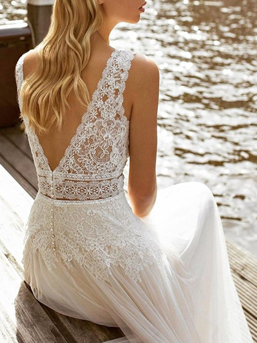 Onbely robe maxi longue de mariée princesse Col en V bohème