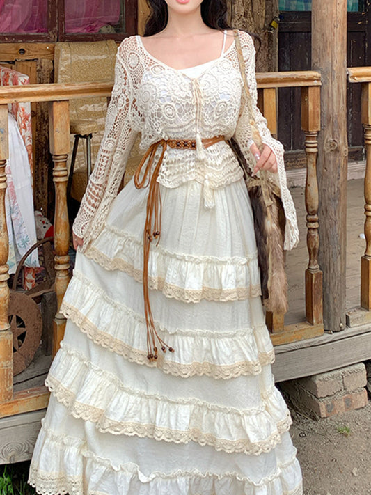 Onbely Jupe Longue à Gâteau en Dentelle Bohème Abricot pour Femme boho dress