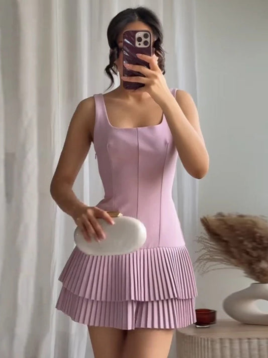 Onbely robe courte plissé bretelle col carré mode