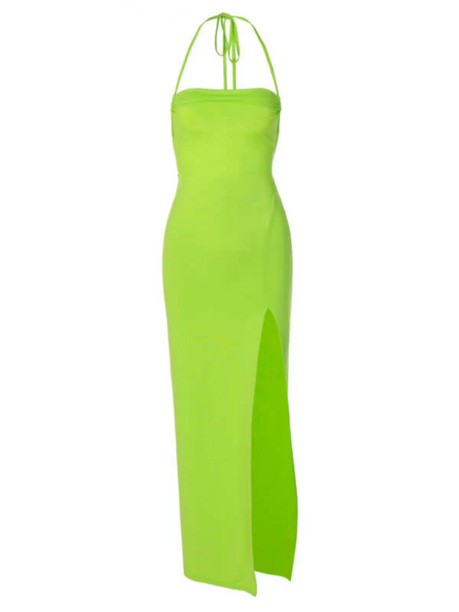 Onbely Strappy Robe Verte Longue Dos Nu avec Fendu le Côté de Cocktail