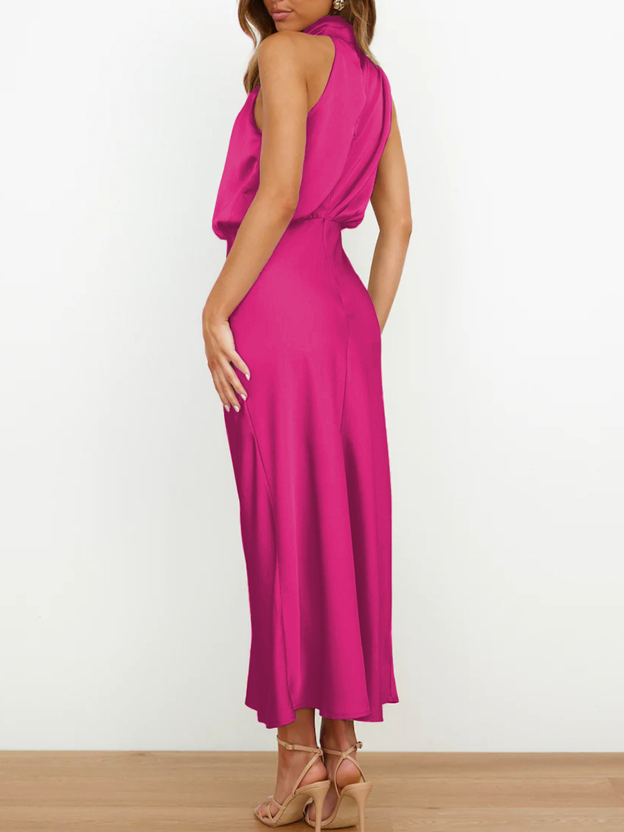 Onbely mi-longue robe unicolore satin sans manches taille haute élégant invité mariage