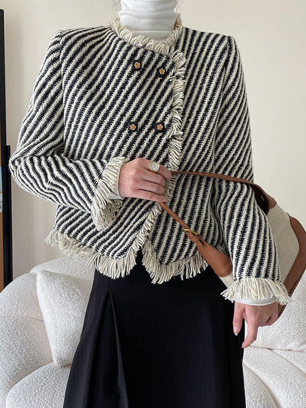 Onbely veste courte rayée en tweed avec frange et poches pour femme élégante