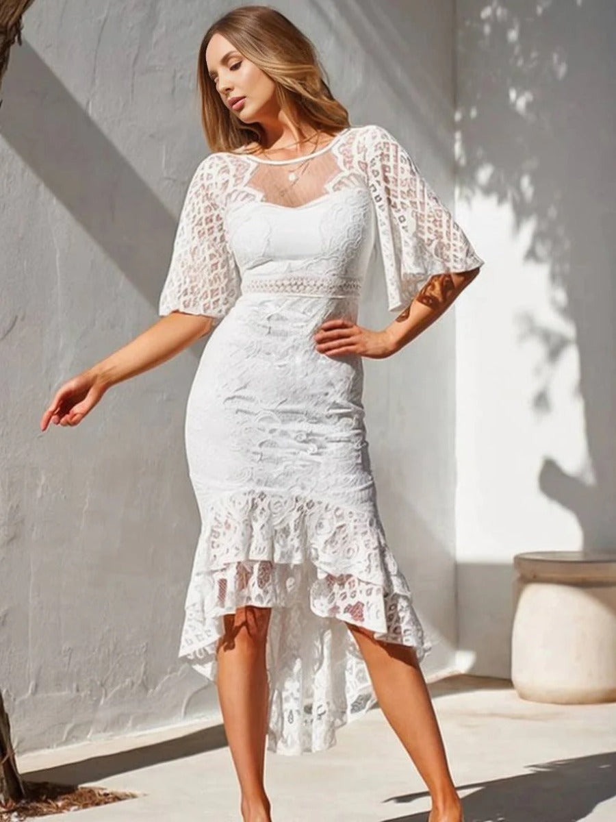 Onbely robe femme longue en dentelle sirene swallowtail col rond manches trompette manches courtes style elegant invite mariage